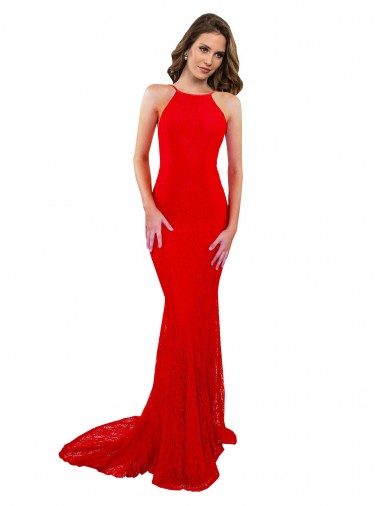 Rojo Sirena Cuello Alto Encaje Largo Formales Vestidos de dama de honor / Vestidos de fiesta Al Por Mayor