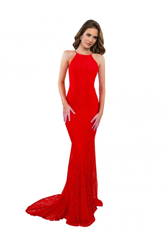 Rojo Sirena Cuello Alto Encaje Largo Formales Vestidos de dama de honor / Vestidos de fiesta Al Por Mayor