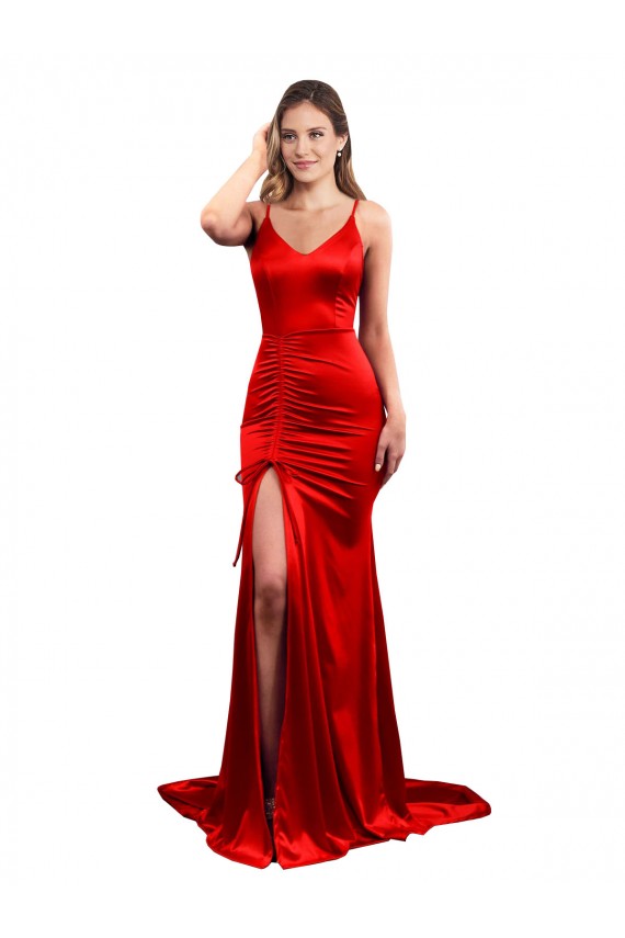 Rojo Sirena Cuello de Corazón Satén elástico Largo Formales Vestidos de dama de honor / Vestidos de fiesta Al Por Mayor