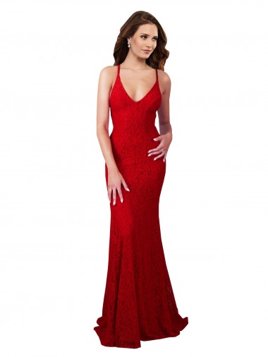 Rojo Sirena Cuello en V Encaje Largo Formales Vestidos de dama de honor / Vestidos de fiesta Al Por Mayor