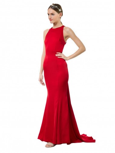 Rojo Sirena Halter Cuello Alto Crepé Elástico Largo Formales Vestidos de dama de honor / Vestidos de fiesta Al Por Mayor
