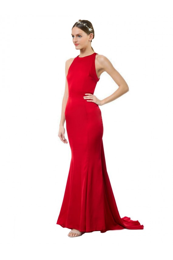 Rojo Sirena Halter Cuello Alto Crepé Elástico Largo Formales Vestidos de dama de honor / Vestidos de fiesta Al Por Mayor