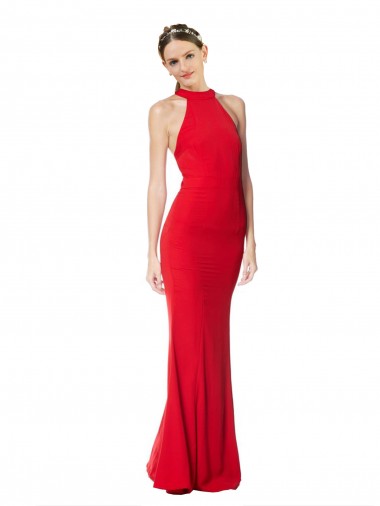 Rojo Sirena Halter Cuello Alto Crepé Elástico Largo Formales Vestidos de dama de honor / Vestidos de fiesta Al Por Mayor