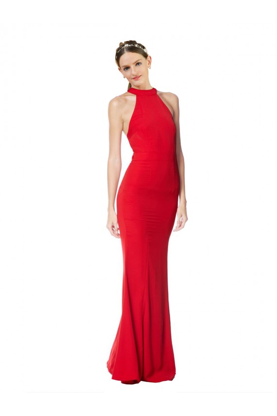 Rojo Sirena Halter Cuello Alto Crepé Elástico Largo Formales Vestidos de dama de honor / Vestidos de fiesta Al Por Mayor