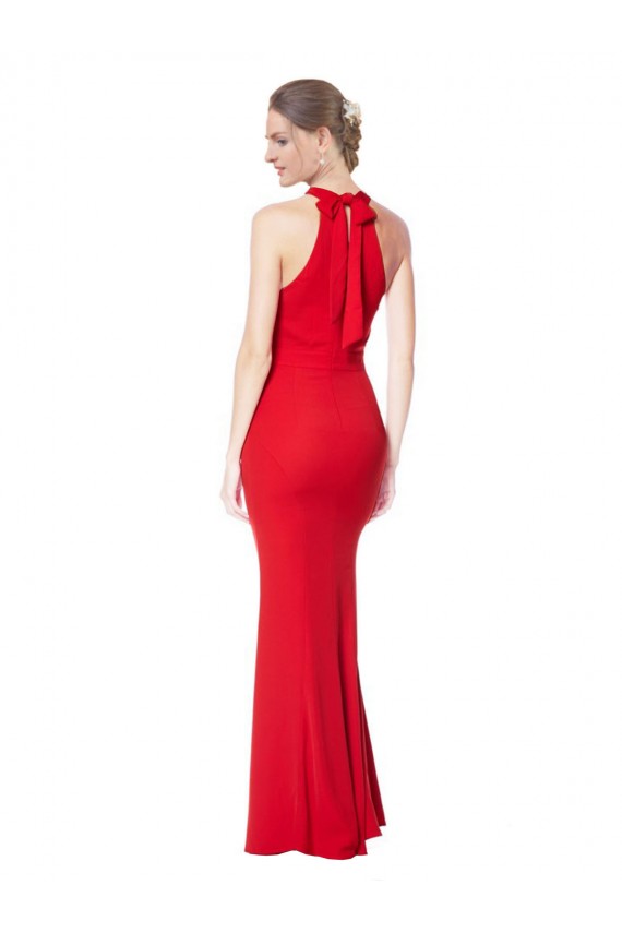 Rojo Sirena Halter Cuello Alto Crepé Elástico Largo Formales Vestidos de dama de honor / Vestidos de fiesta Al Por Mayor