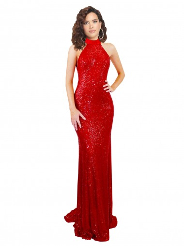 Rojo Sirena Halter Cuello Alto Lentejuela Largo Formales Vestidos de dama de honor / Vestidos de fiesta Al Por Mayor