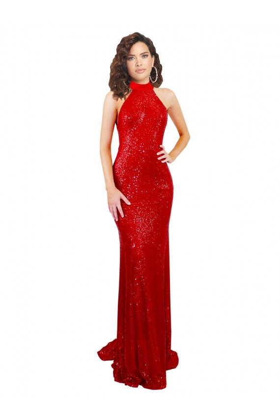 Rojo Sirena Halter Cuello Alto Lentejuela Largo Formales Vestidos de dama de honor / Vestidos de fiesta Al Por Mayor