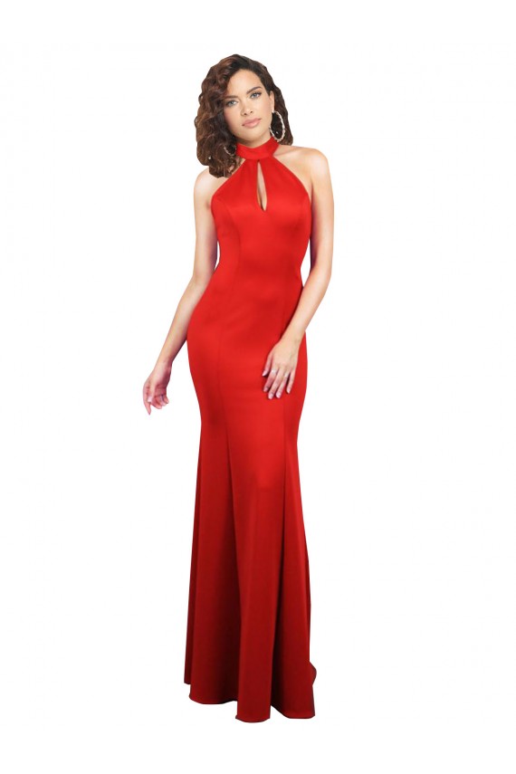 Rojo Sirena Halter Satén elástico Largo Formales Vestidos de dama de honor / Vestidos de fiesta Al Por Mayor