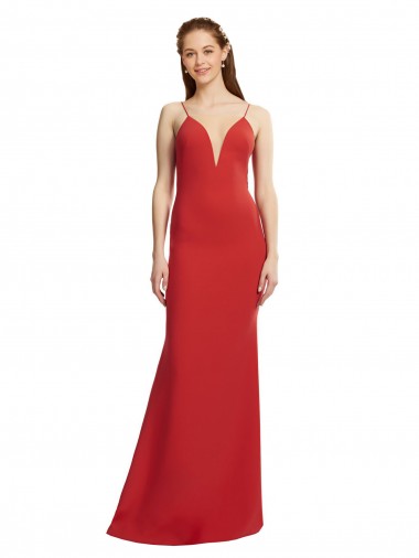 Rojo Sirena Tirantes espagueti Cuello en V Crepé Elástico Largo Formales Vestidos de dama de honor / Vestidos de fiesta Al Por Mayor
