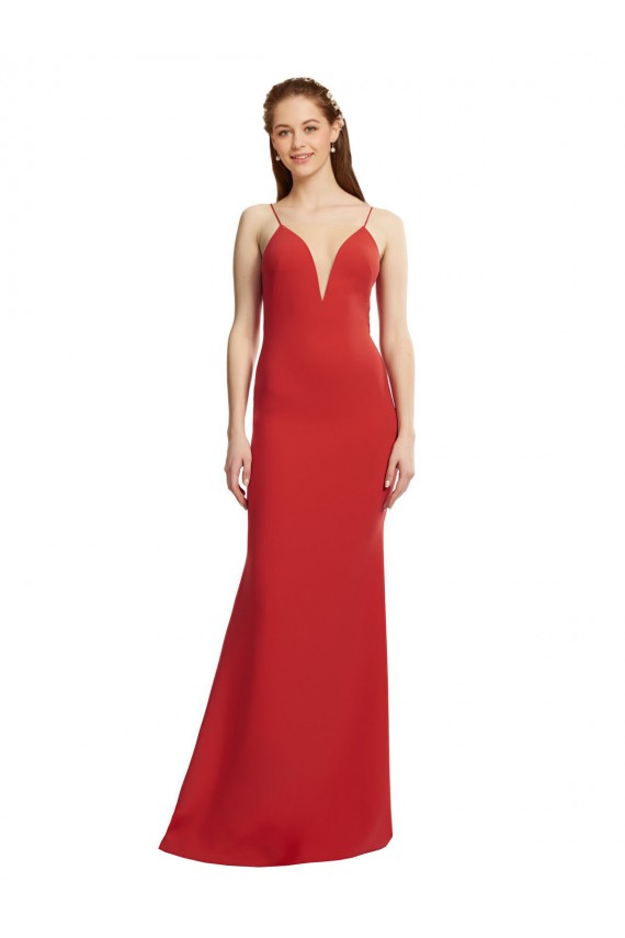 Rojo Sirena Tirantes espagueti Cuello en V Crepé Elástico Largo Formales Vestidos de dama de honor / Vestidos de fiesta Al Por Mayor