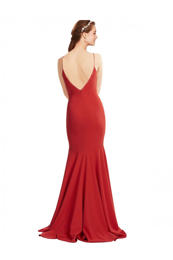 Rojo Sirena Tirantes espagueti Cuello en V Crepé Elástico Largo Formales Vestidos de dama de honor / Vestidos de fiesta Al Por Mayor