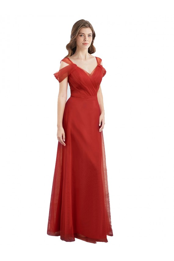 Rojo línea A Cuello de Corazón Tul Largo Vestidos de dama de honor Al Por Mayor