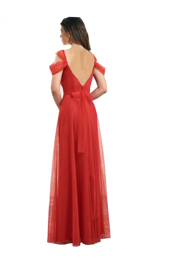 Rojo línea A Cuello de Corazón Tul Largo Vestidos de dama de honor Al Por Mayor