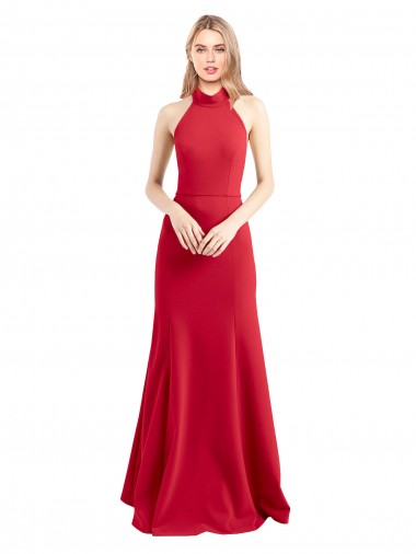 Rojo línea A Halter Cuello Alto Crepé Elástico Largo Formales Vestidos de dama de honor / Vestidos de fiesta Al Por Mayor