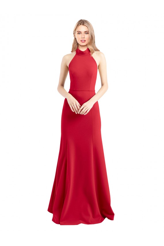 Rojo línea A Halter Cuello Alto Crepé Elástico Largo Formales Vestidos de dama de honor / Vestidos de fiesta Al Por Mayor
