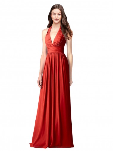 Rojo línea A Halter Cuello en V Gasa Largo Vestidos de dama de honor Al Por Mayor