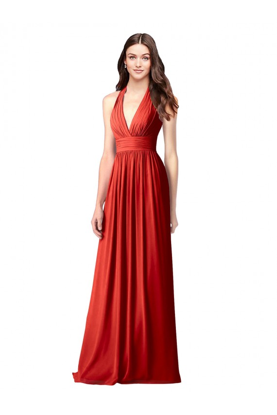 Rojo línea A Halter Cuello en V Gasa Largo Vestidos de dama de honor Al Por Mayor