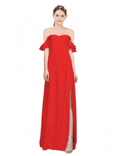 Rojo línea A Hombros Descubiertos Crepé Elástico Largo Formales Vestidos de dama de honor / Vestidos de fiesta Al Por Mayor