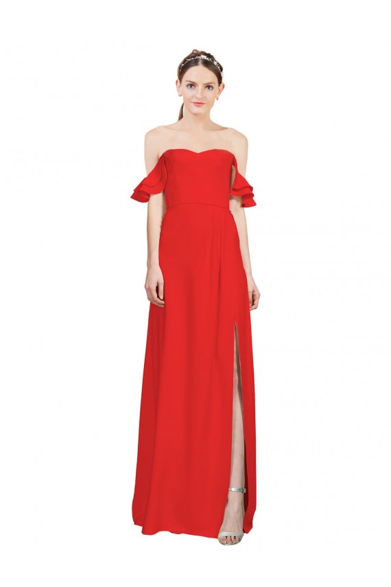Rojo línea A Hombros Descubiertos Crepé Elástico Largo Formales Vestidos de dama de honor / Vestidos de fiesta Al Por Mayor