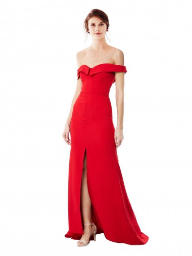 Rojo línea A Hombros Descubiertos Crepé Elástico Largo Formales Vestidos de dama de honor / Vestidos de fiesta Al Por Mayor