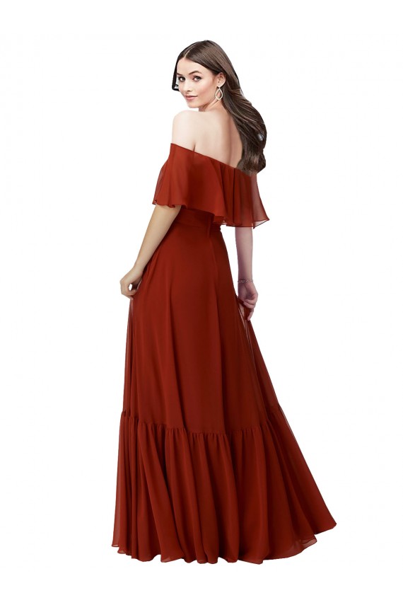 Rojo línea A Hombros Descubiertos Gasa Largo Vestidos de dama de honor Al Por Mayor