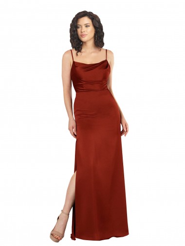 Rojo línea A Tirantes espagueti Cuadrado Satén sedoso Largo Formales Vestidos de dama de honor / Vestidos de fiesta Al Por Mayor