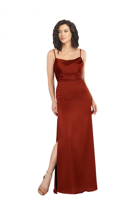 Rojo línea A Tirantes espagueti Cuadrado Satén sedoso Largo Formales Vestidos de dama de honor / Vestidos de fiesta Al Por Mayor