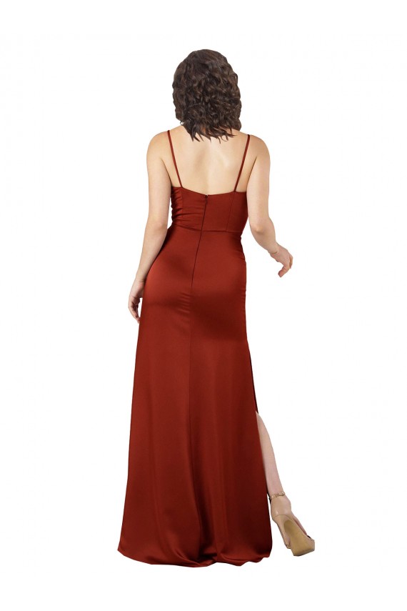 Rojo línea A Tirantes espagueti Cuadrado Satén sedoso Largo Formales Vestidos de dama de honor / Vestidos de fiesta Al Por Mayor