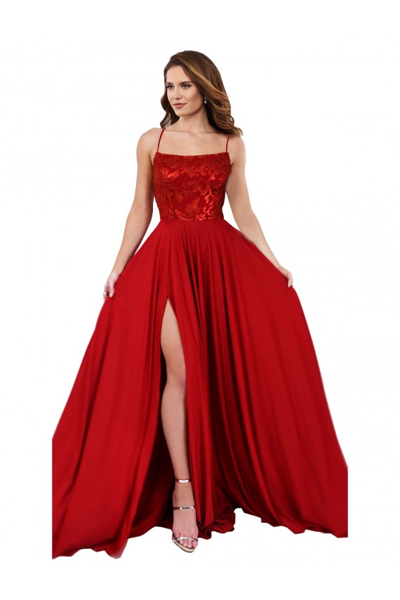 Rojo línea A Tirantes espagueti Cuadrado Spandex Encaje Largo Vestidos de dama de honor / Vestidos de fiesta Al Por Mayor