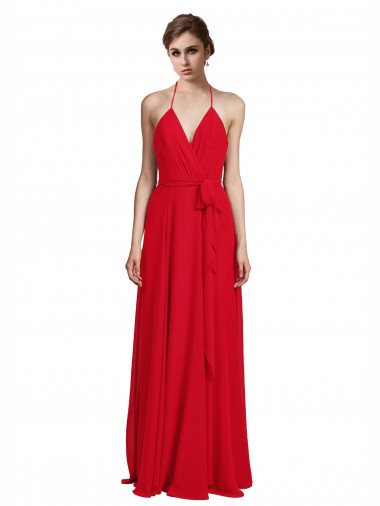 Rojo línea A Tirantes espagueti Halter Cuello en V Gasa Largo Vestidos de dama de honor Al Por Mayor
