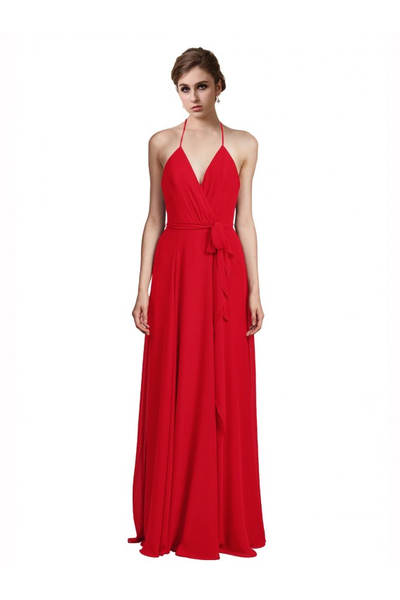 Rojo línea A Tirantes espagueti Halter Cuello en V Gasa Largo Vestidos de dama de honor Al Por Mayor