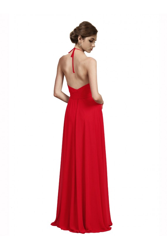 Rojo línea A Tirantes espagueti Halter Cuello en V Gasa Largo Vestidos de dama de honor Al Por Mayor