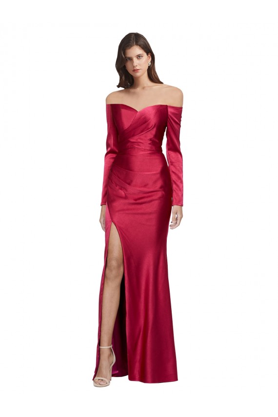 Rojo oscuro Cubierta Cuello de Corazón Satén elástico Largo Formales Vestidos de dama de honor / Vestidos de fiesta Al Por Mayor