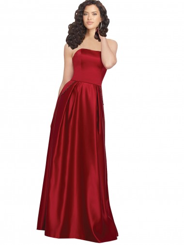 Rojo oscuro línea A Sin tirantes Satén Largo Vestidos de dama de honor / Vestidos de fiesta Al Por Mayor