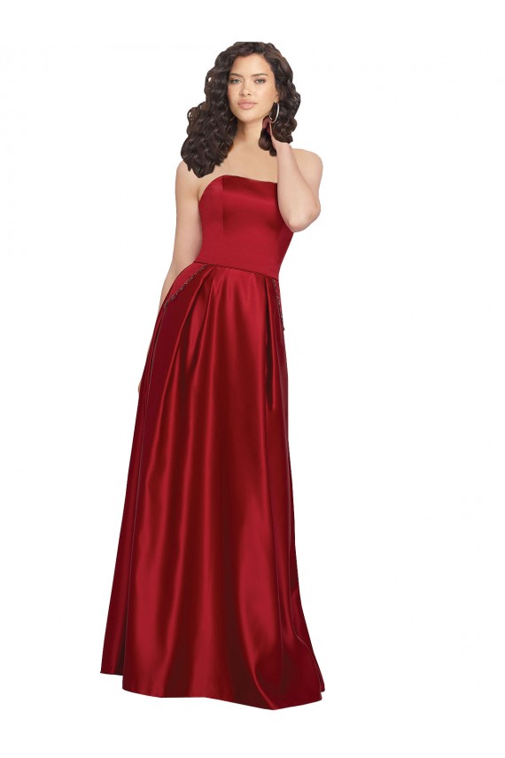Rojo oscuro línea A Sin tirantes Satén Largo Vestidos de dama de honor / Vestidos de fiesta Al Por Mayor