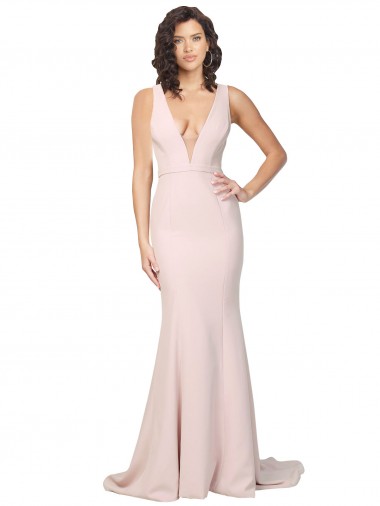 Rosa Cubierta Cuello en V Barrer tren Crepé Elástico Largo Formales Vestidos de dama de honor / Vestidos de fiesta Al Por Mayor