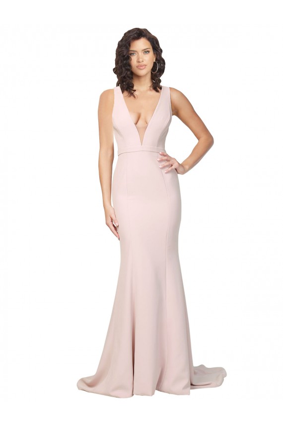 Rosa Cubierta Cuello en V Barrer tren Crepé Elástico Largo Formales Vestidos de dama de honor / Vestidos de fiesta Al Por Mayor