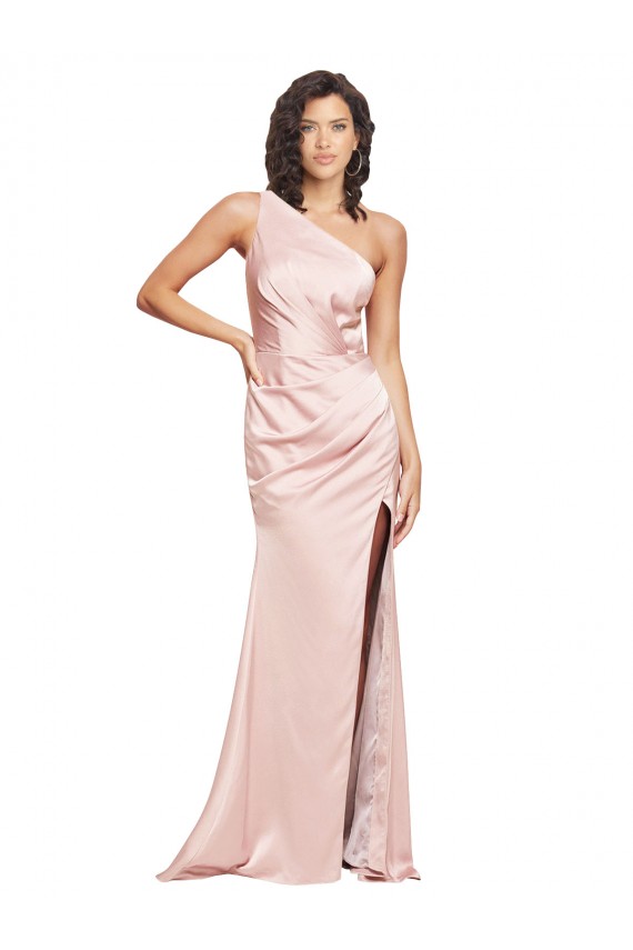 Rosa Cubierta Un Hombre Satén sedoso Largo Formales Vestidos de dama de honor / Vestidos de fiesta Al Por Mayor