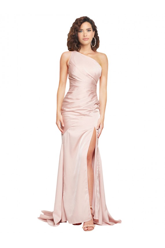 Rosa Cubierta Un Hombre Satén sedoso Largo Formales Vestidos de dama de honor / Vestidos de fiesta Al Por Mayor
