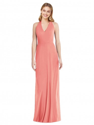 Rosa Del Desierto Trompeta Halter Cuello en V Gasa Largo Formales Vestidos de dama de honor / Vestidos de noche Al Por Mayor