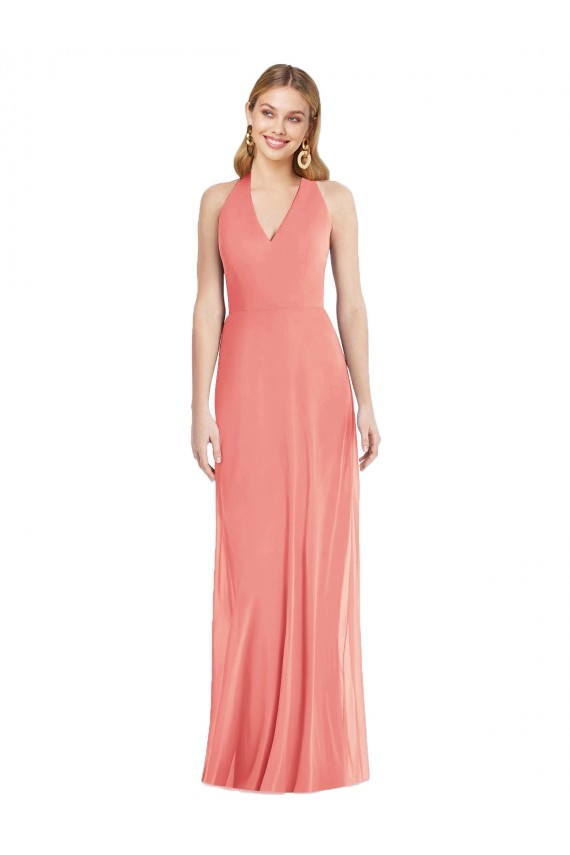 Rosa Del Desierto Trompeta Halter Cuello en V Gasa Largo Formales Vestidos de dama de honor / Vestidos de noche Al Por Mayor