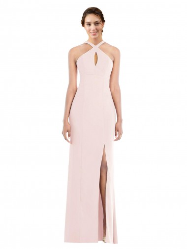 Rosa Trompeta Halter Crepé Elástico Largo Formales Vestidos de dama de honor / Vestidos de fiesta Al Por Mayor