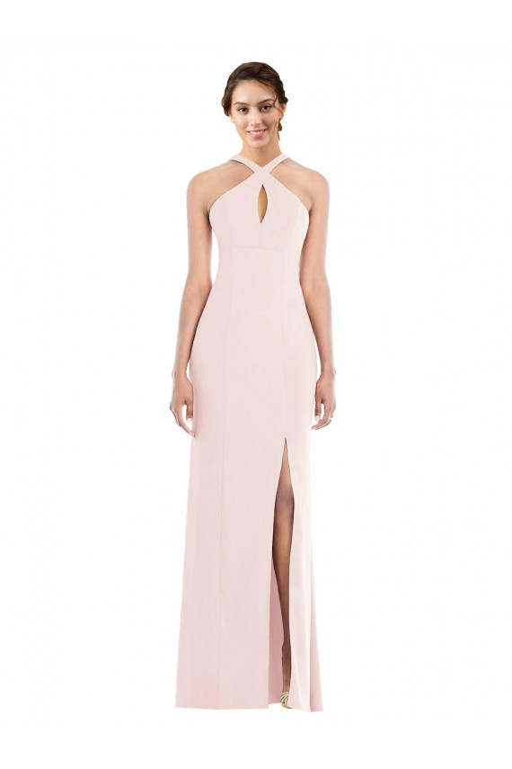 Rosa Trompeta Halter Crepé Elástico Largo Formales Vestidos de dama de honor / Vestidos de fiesta Al Por Mayor