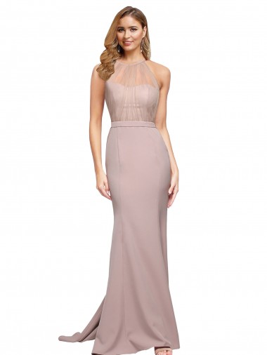 Rosa empolvado Cubierta Cuello Alto Barrer tren Crepé Elástico Largo Formales Vestidos de dama de honor / Vestidos de fiesta Al Por Mayor