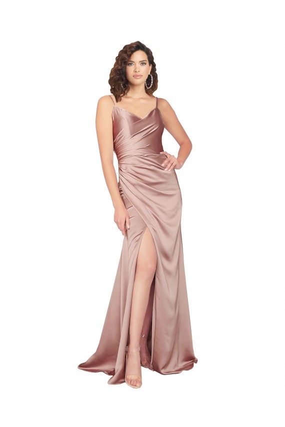 Rosa empolvado Cubierta Cuello en V Satén sedoso Largo Formales Vestidos de dama de honor / Vestidos de fiesta Al Por Mayor