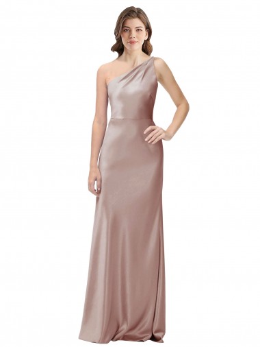 Rosa empolvado Cubierta Un Hombre Satén elástico Largo Formales Vestidos de dama de honor / Vestidos de fiesta Al Por Mayor
