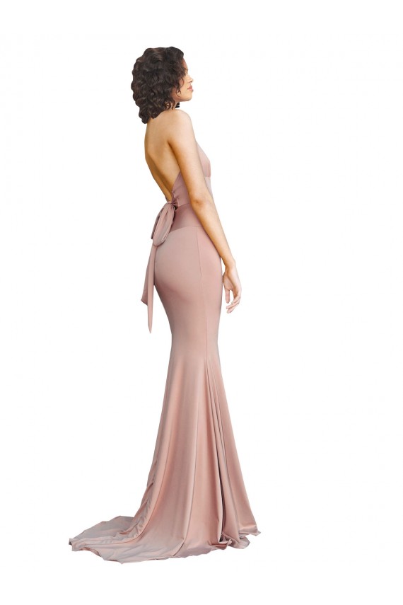 Rosa empolvado Sirena Cuello en V Spandex Largo Formales Vestidos de dama de honor / Vestidos de fiesta Al Por Mayor