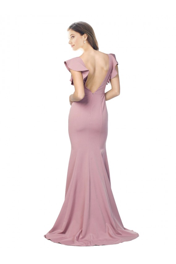 Rosa empolvado Sirena Cuello redondo Barrer tren Crepé Elástico Largo Formales Vestidos de dama de honor / Vestidos de fiesta Al Por Mayor