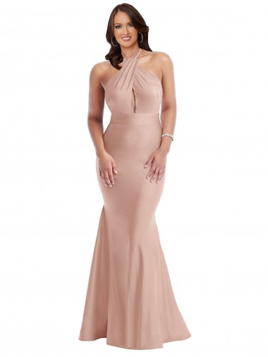 Rosa empolvado Sirena Halter Satén sedoso Largo Formales Vestidos de dama de honor / Vestidos de fiesta Al Por Mayor