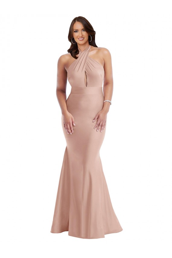 Rosa empolvado Sirena Halter Satén sedoso Largo Formales Vestidos de dama de honor / Vestidos de fiesta Al Por Mayor